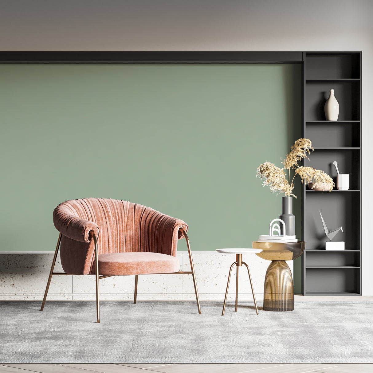 Kitchen space transformed with modern sage green wall mural design