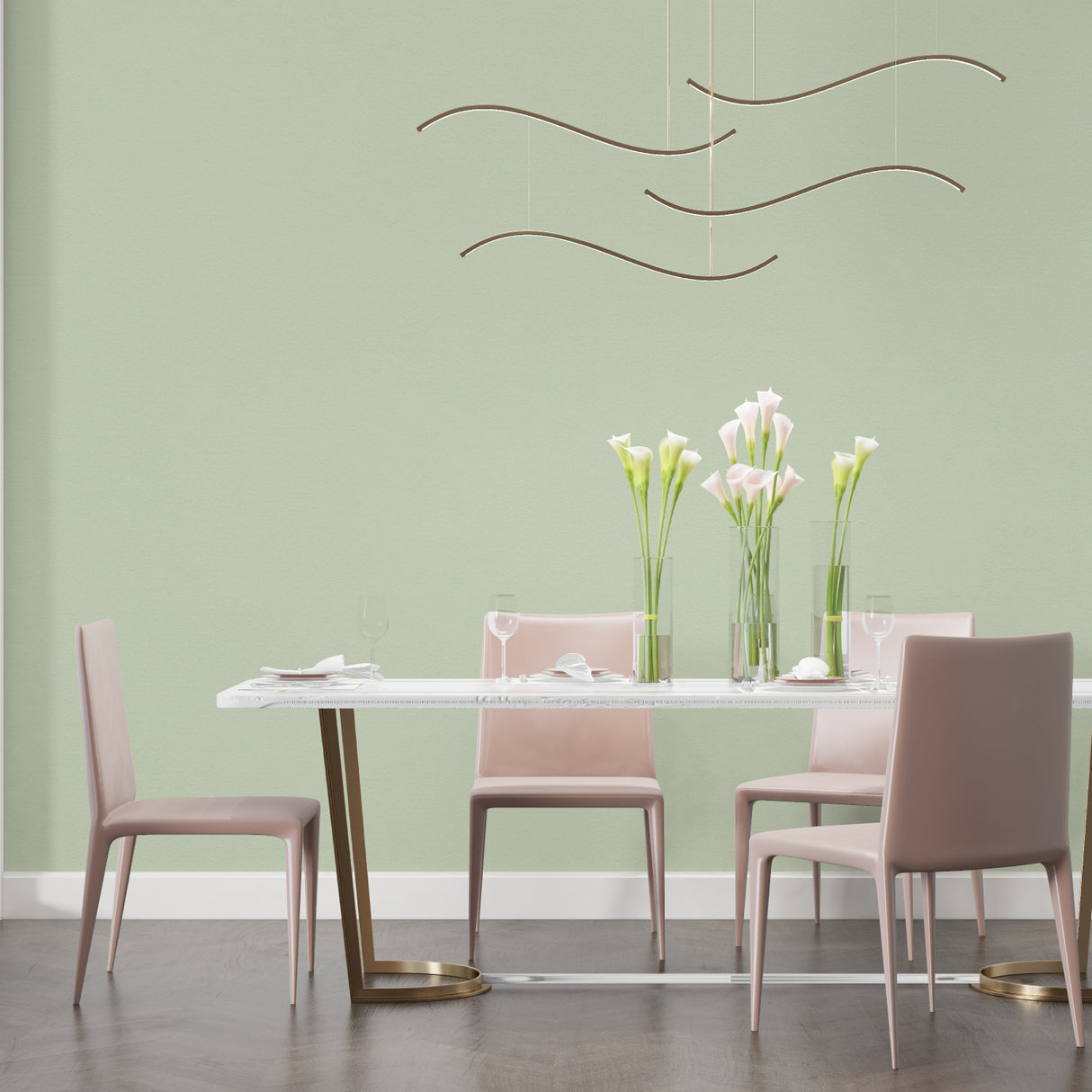 Dining room showcasing modern sage green wall design with pendant lighting