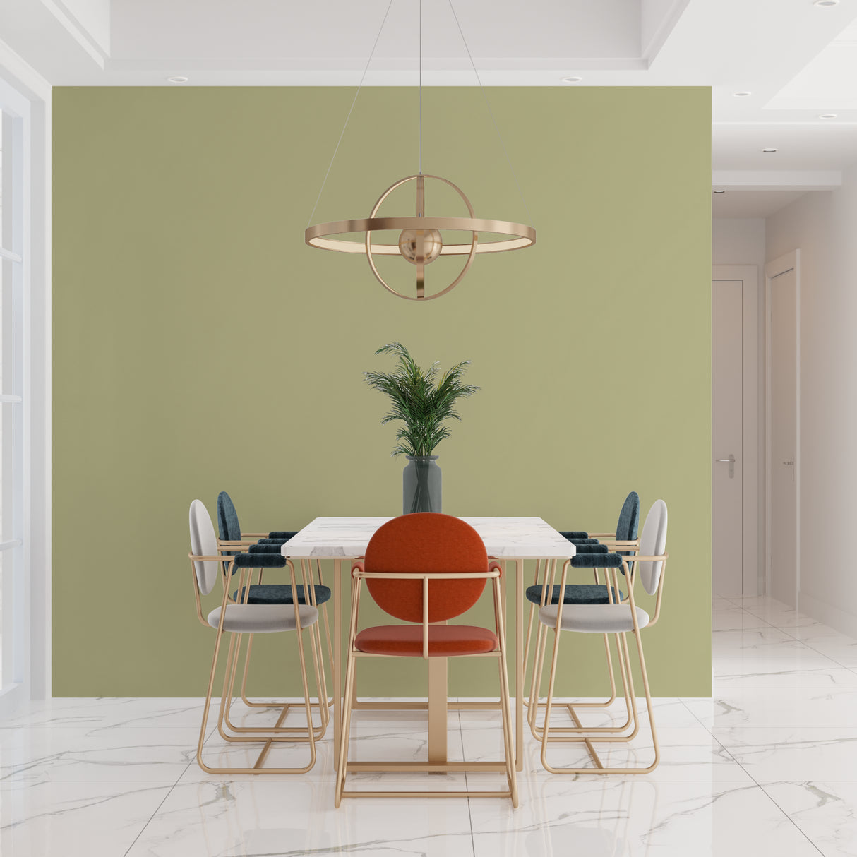 Contemporary bedroom with sage green wall mural showing clean minimal design