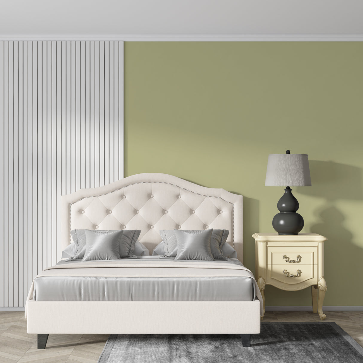 Home office featuring calming sage green wallpaper with minimalist aesthetic