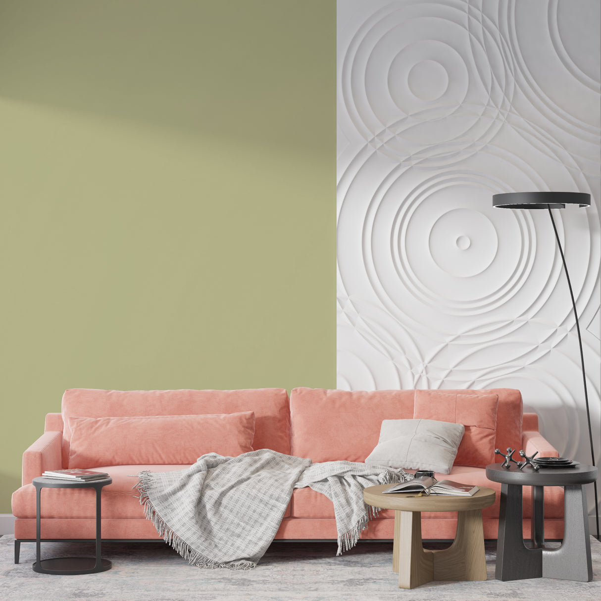 Dining room with modern sage green wall mural showing natural light interaction