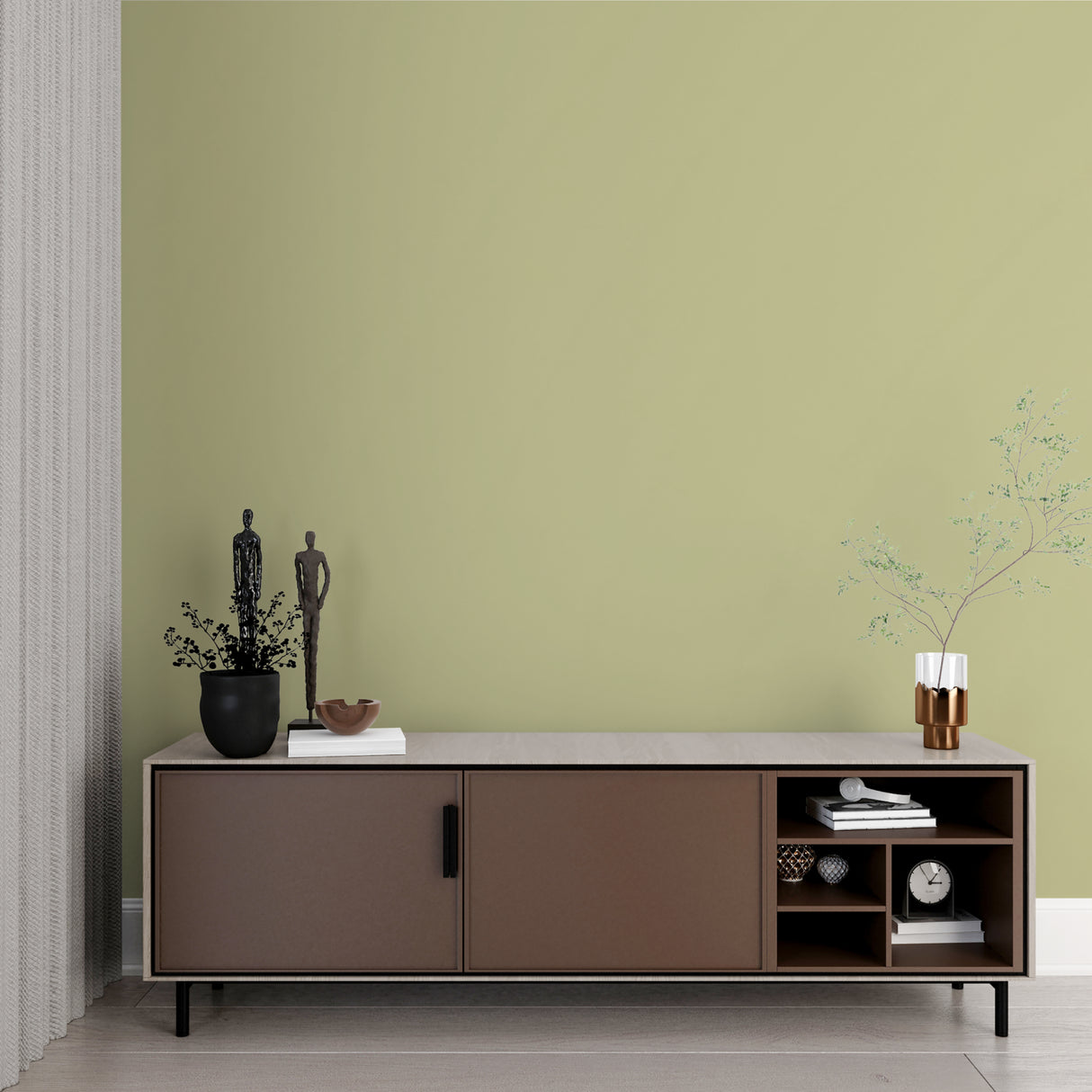 Entryway showcasing sage green minimalist wallpaper in natural daylight