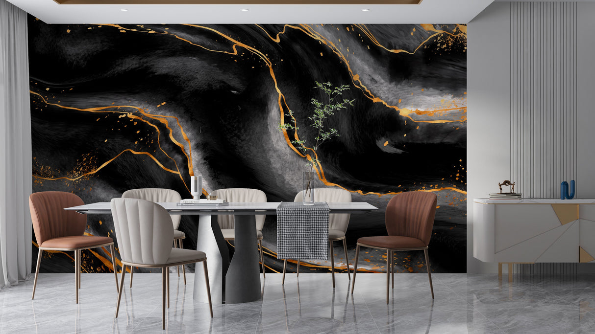 Marble Mural Wallpaper | Black and Gold Abstract Design