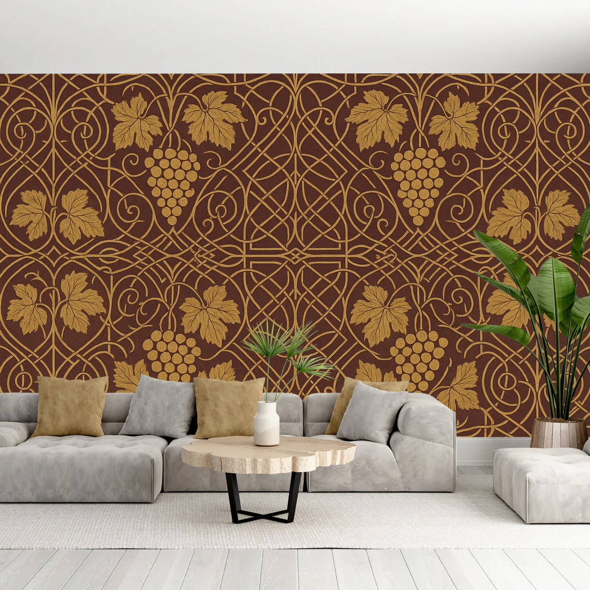 William Morris Geometric Mural Wallpaper  Nouveau Grape Vine Symmetry - Detailed wallpaper pattern view