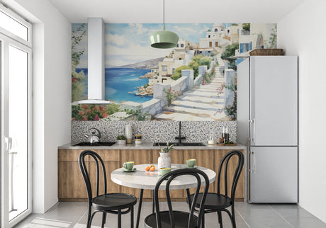 Mediterranean coastal wallpaper creating a stunning focal point in a modern living room with white furniture