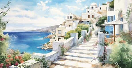 Mediterranean coastal watercolor design file showing intricate details and full pattern layout