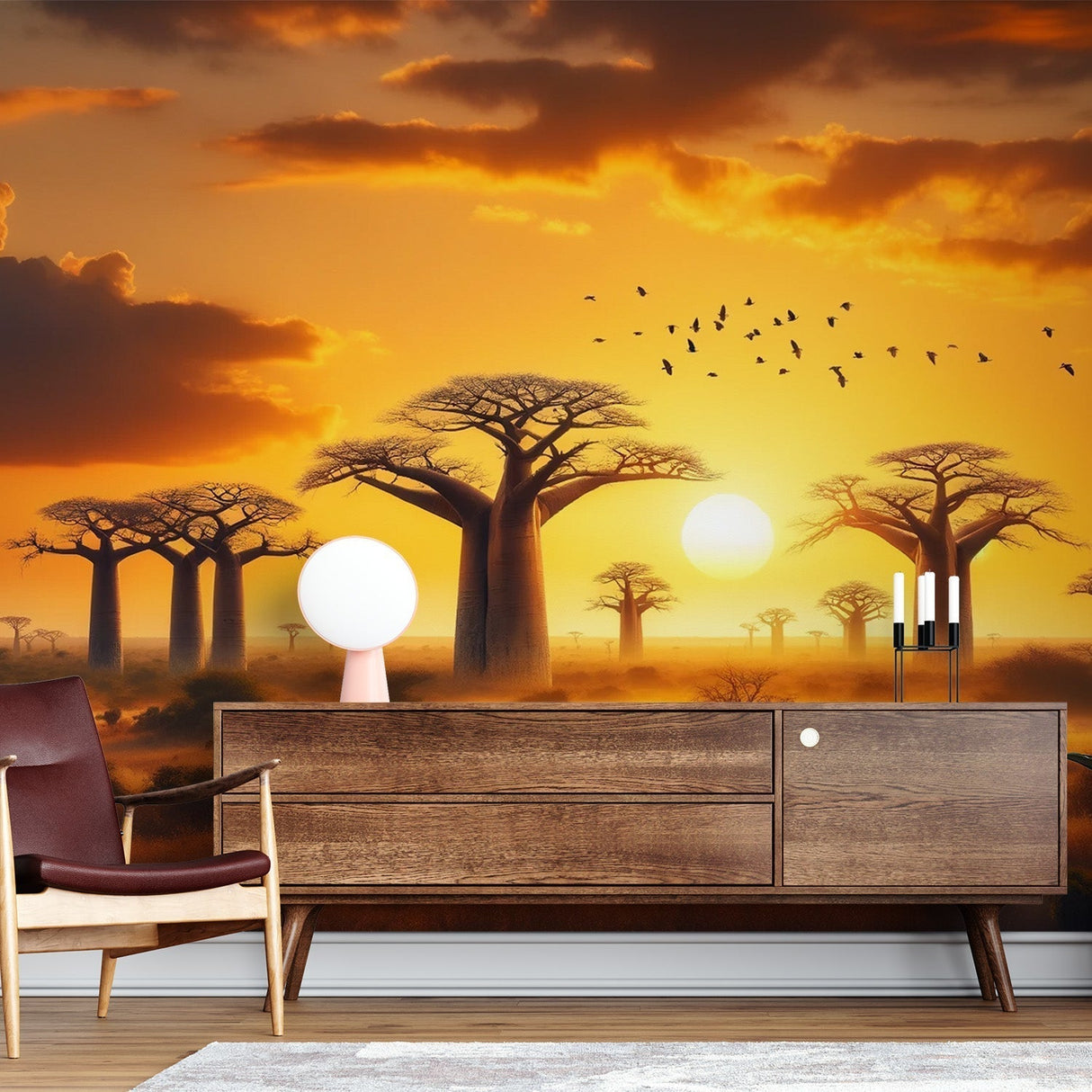 African savanna wallpaper with baobab trees shown in modern living room, warm sunset colors creating cozy atmosphere