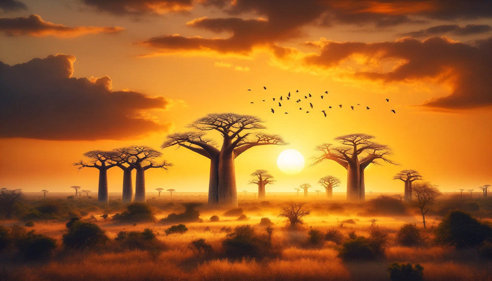 African baobab trees at sunset design file showing detailed golden sky and tree silhouettes