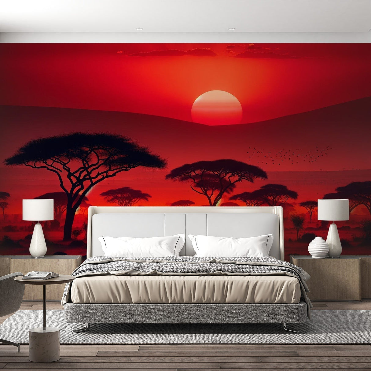 African sunset mural wallpaper creating warm ambiance in modern living room with acacia trees silhouettes at dusk