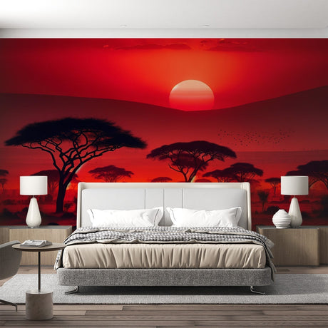 African sunset mural wallpaper creating warm ambiance in modern living room with acacia trees silhouettes at dusk