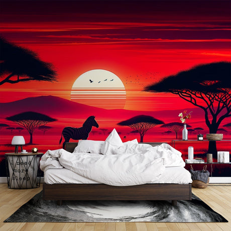 African savanna wallpaper creating a stunning focal point in a modern living room with warm sunset tones and zebra silhouette