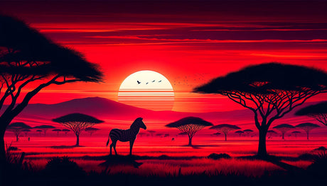 African sunset zebra design file showing detailed savanna landscape pattern with dramatic red sky