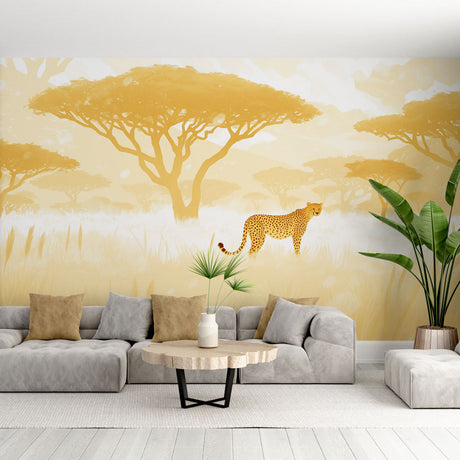 African savanna wallpaper with cheetah and golden acacia trees shown in a modern living room with natural light