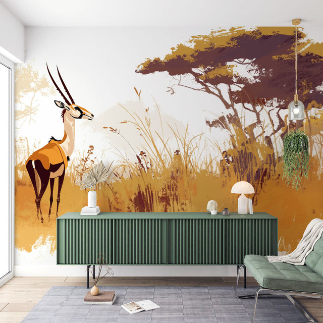 African savanna wallpaper showcased in a bright living room, creating a warm and inviting atmosphere with golden grasslands
