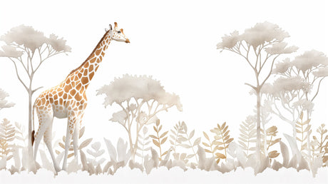 Safari wallpaper mural with giraffe in a modern nursery, showing warm golden tones that create a peaceful atmosphere