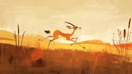 Savanna wallpaper with leaping antelope creating drama in modern living room with orange sunset glow