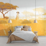 African savanna wallpaper with meerkat design shown in a bright modern living room with natural light
