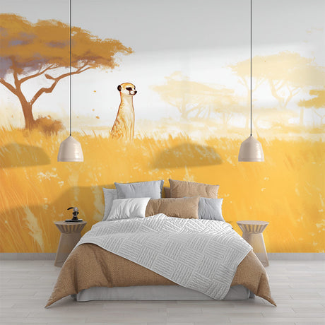 African savanna wallpaper with meerkat design shown in a bright modern living room with natural light