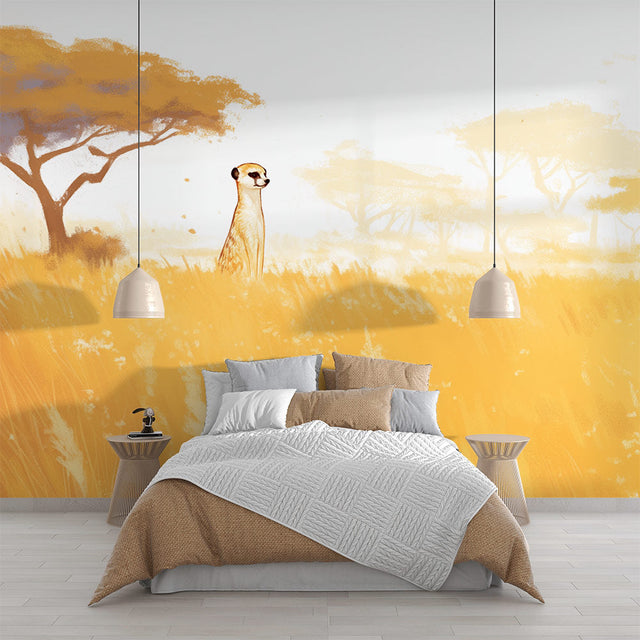 African savanna wallpaper with meerkat design shown in a bright modern living room with natural light