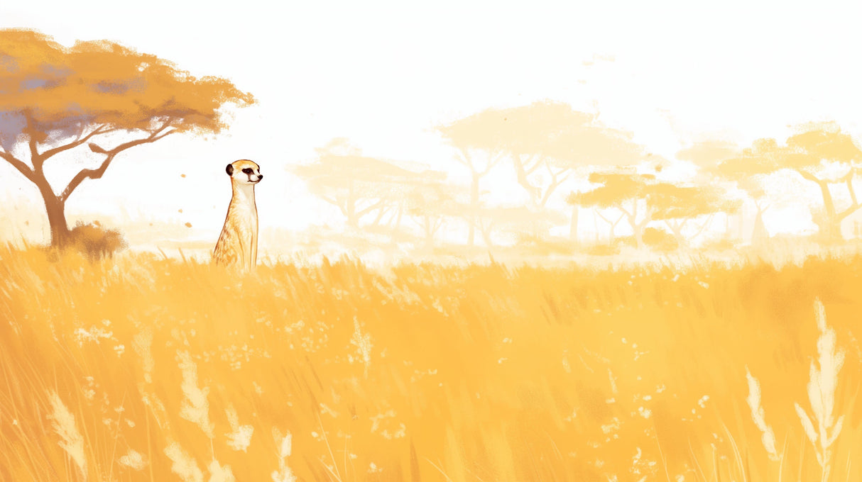 Meerkat in golden grasslands design file showing detailed African savanna pattern and warm sunset colors