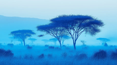 African savanna trees design file showing detailed misty blue landscape pattern