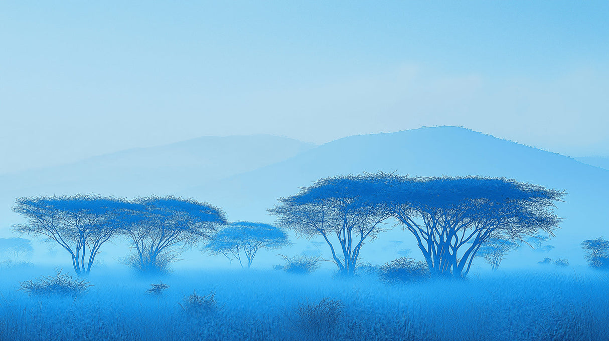 Misty blue African savanna tree design file showing detailed acacia silhouettes against dawn sky