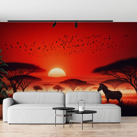 African savanna wallpaper with red sunset and zebra creating a warm atmosphere in a modern living room