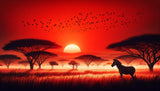 Zebra silhouette against red sunset design file with acacia trees and flying birds