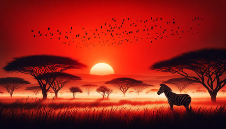 Zebra silhouette against red sunset design file with acacia trees and flying birds