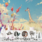 Safari wallpaper mural shown in bright nursery with white furniture, creating a gentle and playful atmosphere