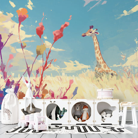 Safari wallpaper mural shown in bright nursery with white furniture, creating a gentle and playful atmosphere