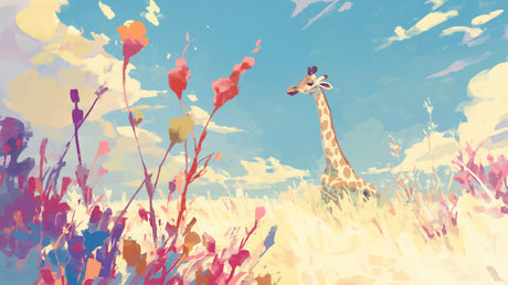 Watercolor giraffe wallpaper design file showing delicate wildflowers and soft turquoise sky
