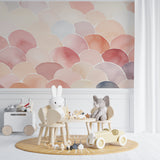 Watercolor scallop wallpaper creating flow in a girl's bedroom with natural light