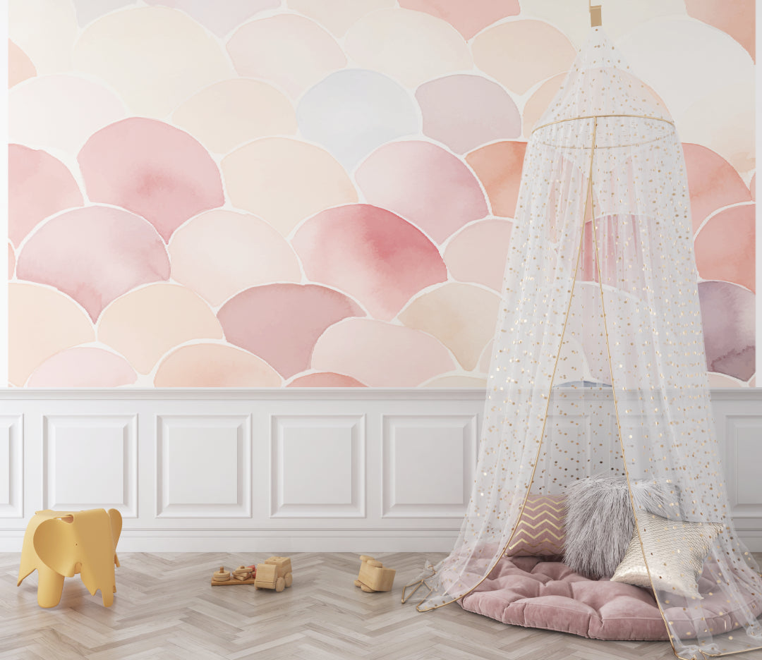 Pastel pink scallop pattern adding movement to a modern living room wall