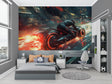 Futuristic motorcycle wallpaper in modern gaming room with neon lighting effects