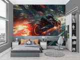Futuristic motorcycle wallpaper in modern gaming room with neon lighting effects