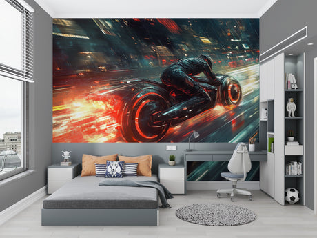 Futuristic motorcycle wallpaper in modern gaming room with neon lighting effects