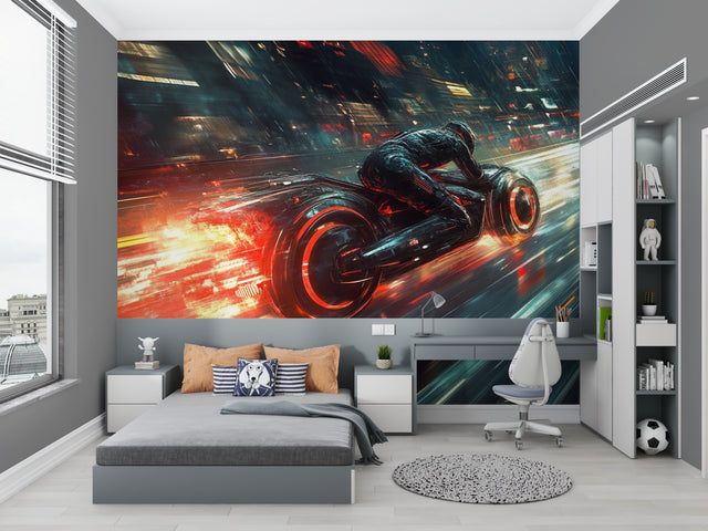 Futuristic motorcycle wallpaper in modern gaming room with neon lighting effects