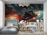 Urban motorcycle wallpaper making statement in home office setup