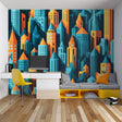 Robot wallpaper mural in modern gaming room with LED accent lighting