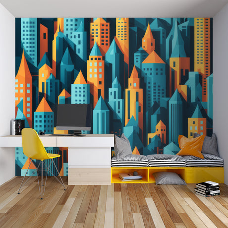 Robot wallpaper mural in modern gaming room with LED accent lighting