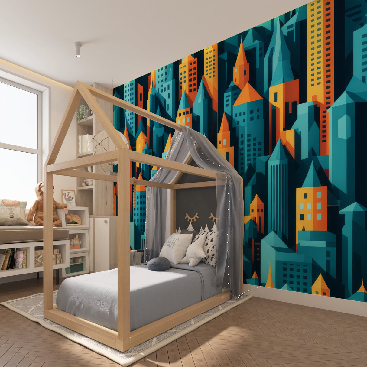 Purple robot wall mural creating atmosphere in teen bedroom