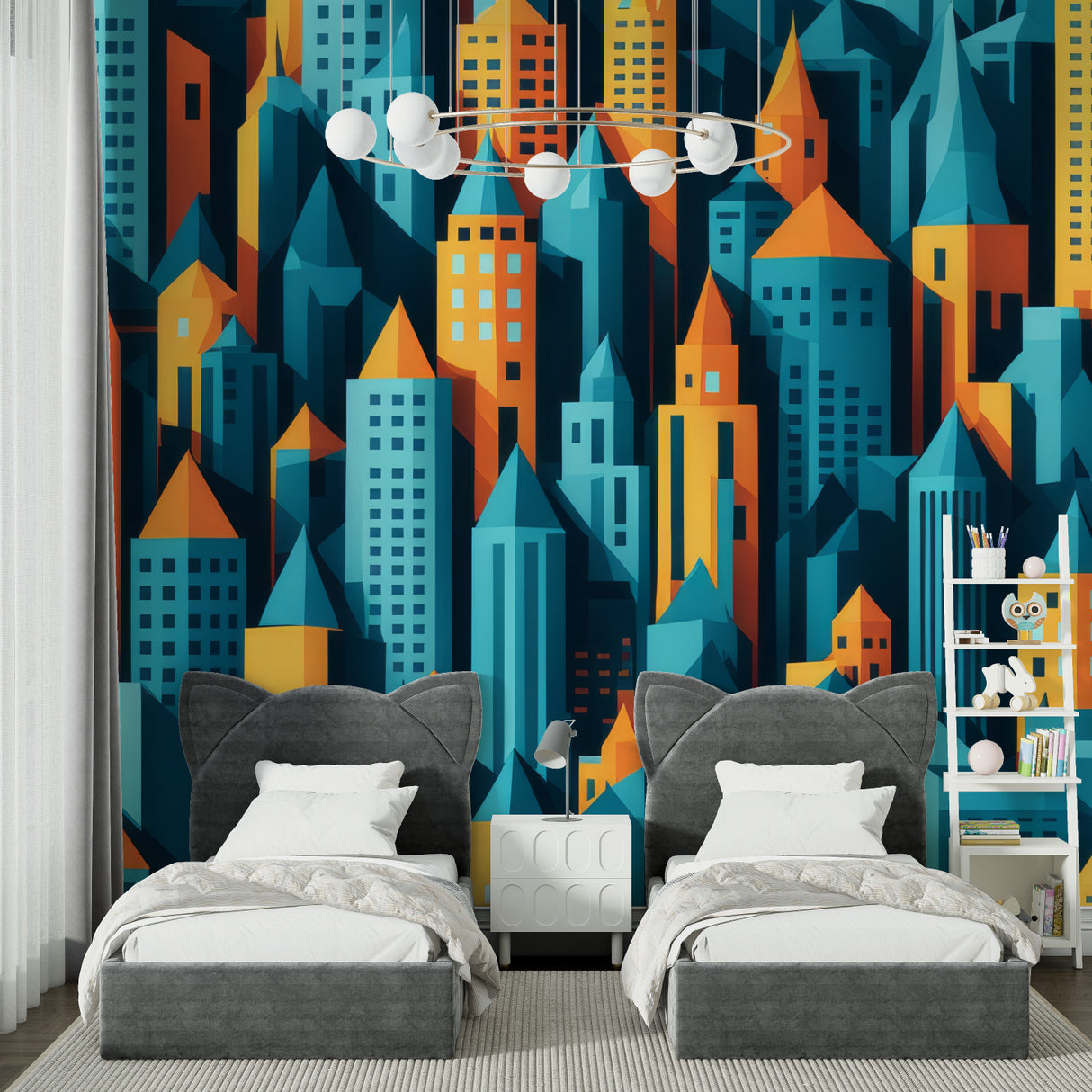 Giant robot mural wallpaper in minimalist living room