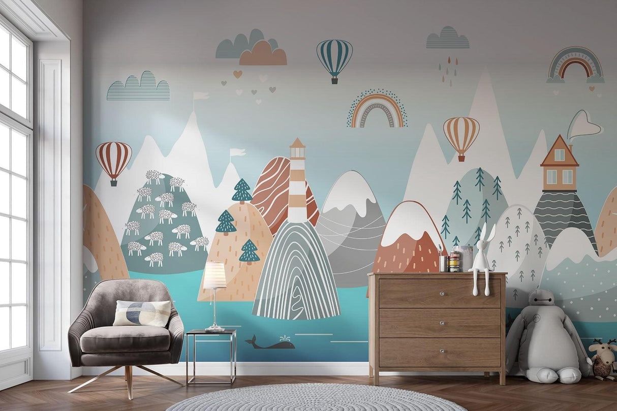 Mountain Mural Wallpaper | Scandinavian Kids Adventure Scene