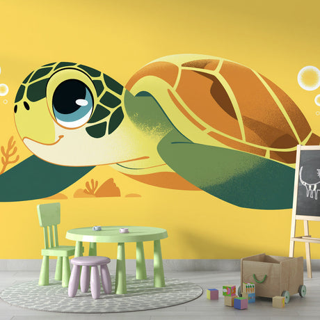 Sea turtle kids wallpaper creates a cheerful atmosphere in a bright nursery with wooden furniture