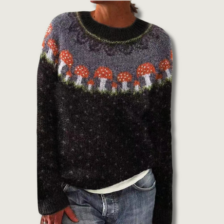 Nordic Mushroom Sweater  Wool Blend Fair Isle Pattern - Product showcase