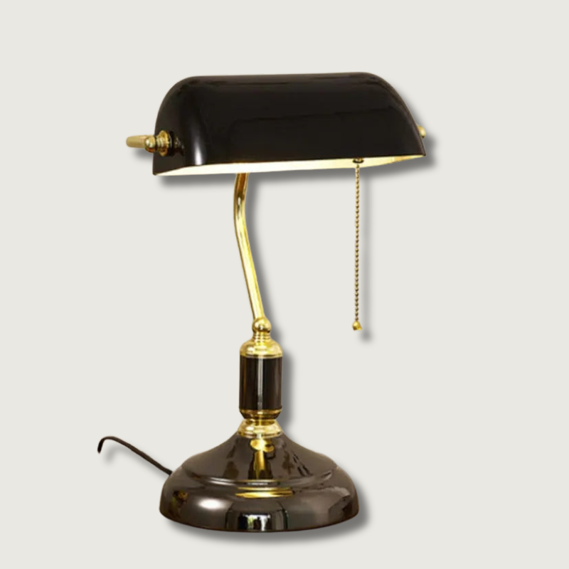 Classic Banker Table Lamp  Black Glass Base with Brass Accents - Product showcase