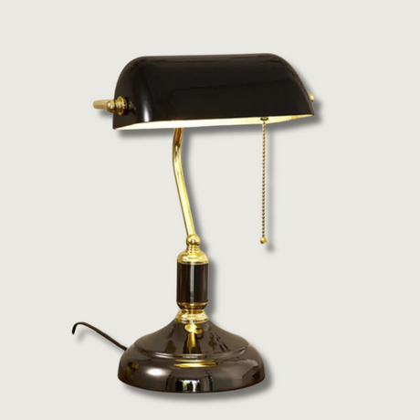Classic Banker Table Lamp  Black Glass Base with Brass Accents - Product showcase