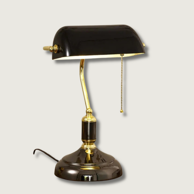 Classic Banker Table Lamp  Black Glass Base with Brass Accents - Product showcase