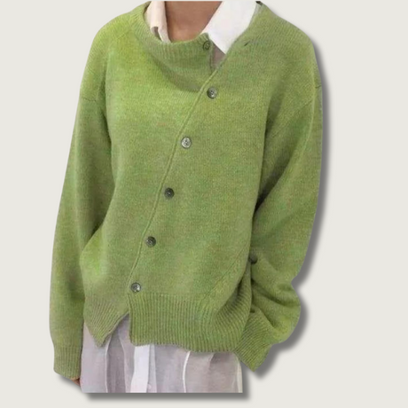 Cashmere Knit Cardigan  Asymmetric Button Design - Product showcase
